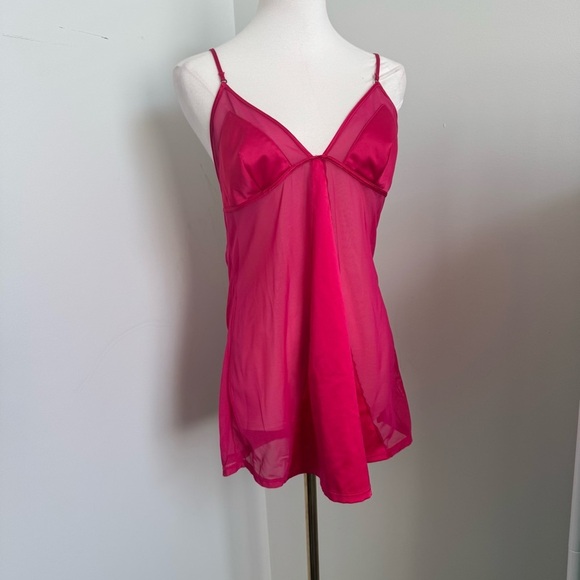 💋 Vintage Hot Pink Mesh Slip Dress coquette Y2K 2000s L - Picture 2 of 5
